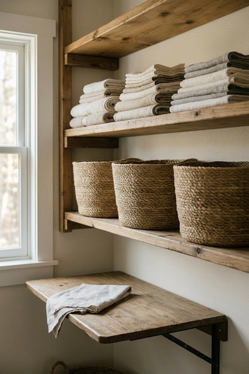Open wood shelving lined with woven baskets in a laundry room