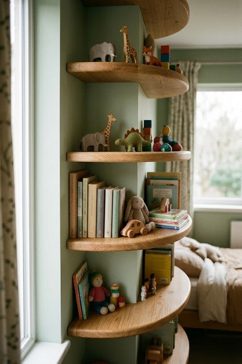 An organic curved bookshelf for storage in a kids bedroom