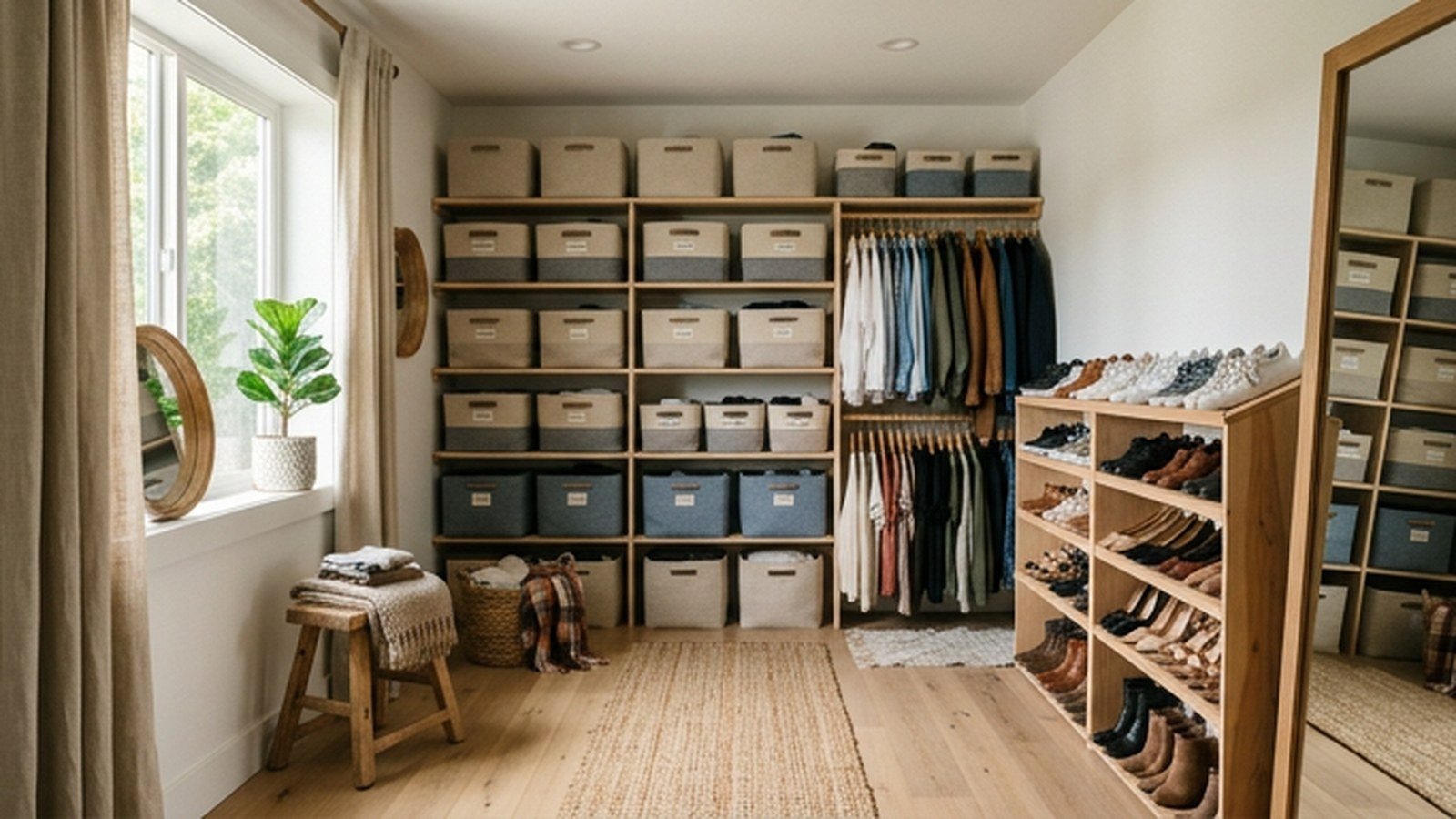 An organized dressing room with labeled bins, angled shoe shelving and hanging storage