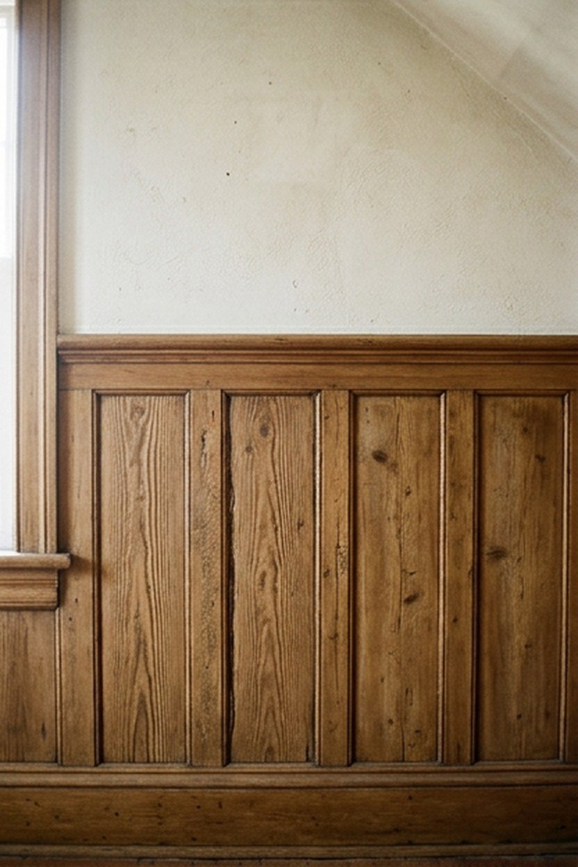 Preserved original wainscoting and wall texture in a Victorian attic
