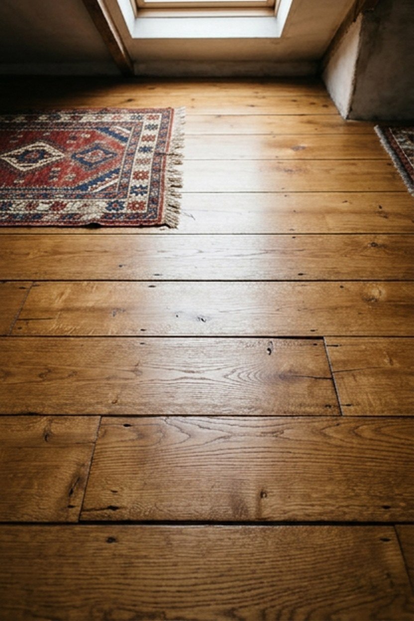 Refinished original wide plank flooring in a Victorian attic