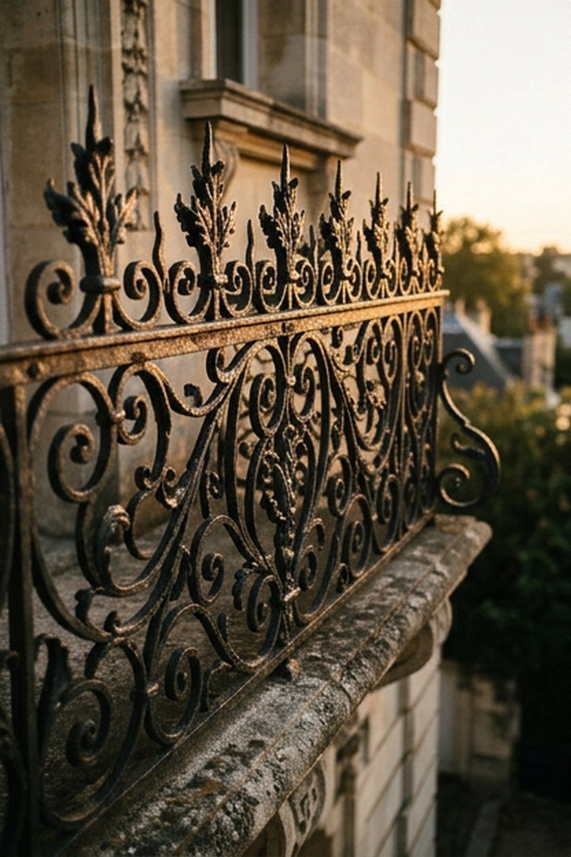 Ornate iron cresting combined with a grill panel on a Victorian balcony