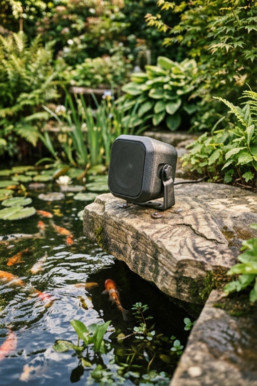 A weatherproof outdoor speaker positioned near a koi pond garden