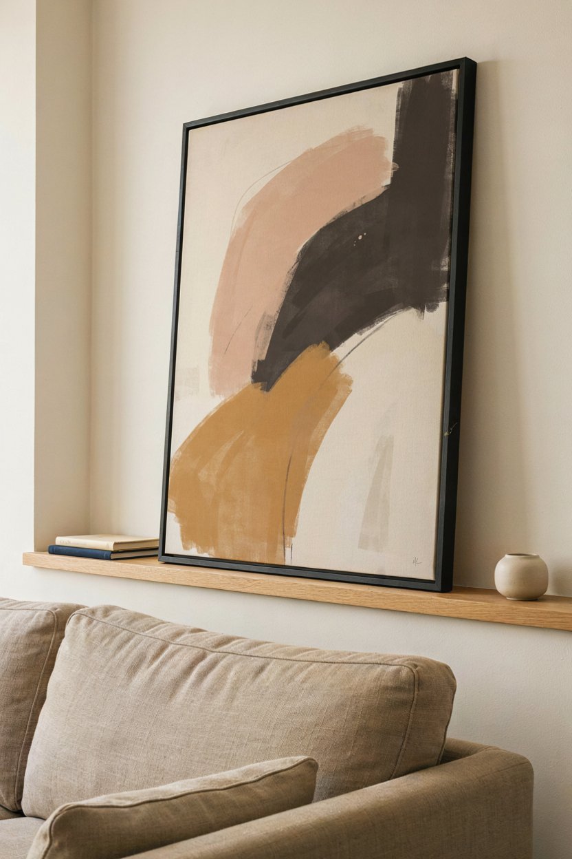 One oversized canvas leaning on a shelf above an apartment sofa
