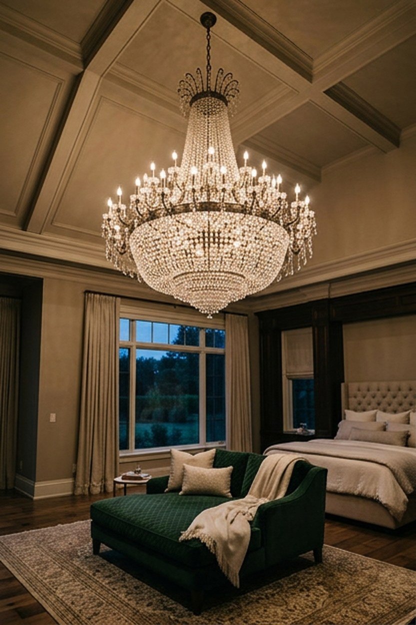 An oversized statement chandelier in a primary suite bedroom