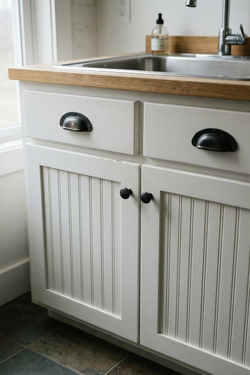 Painted beadboard cabinet fronts in a farmhouse laundry room