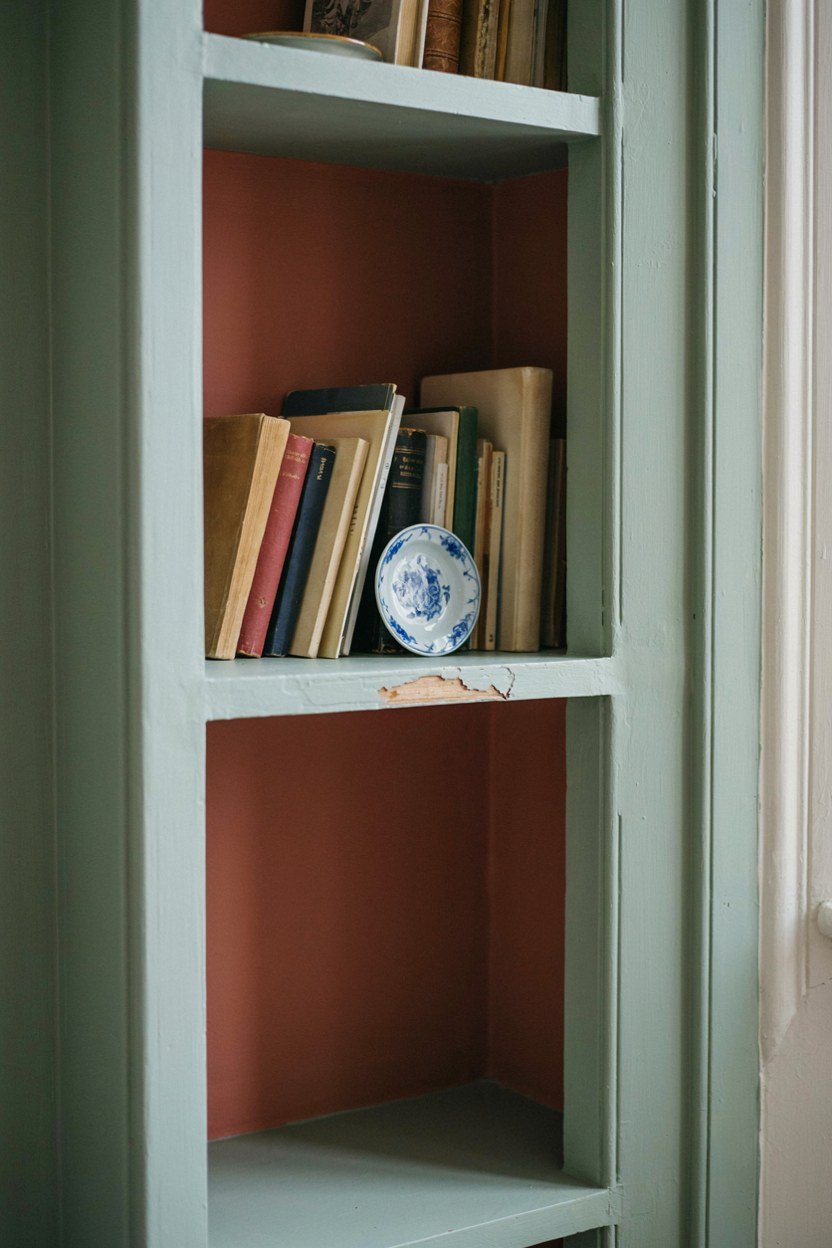 Painted bookcase with a contrasting back panel holding books and china