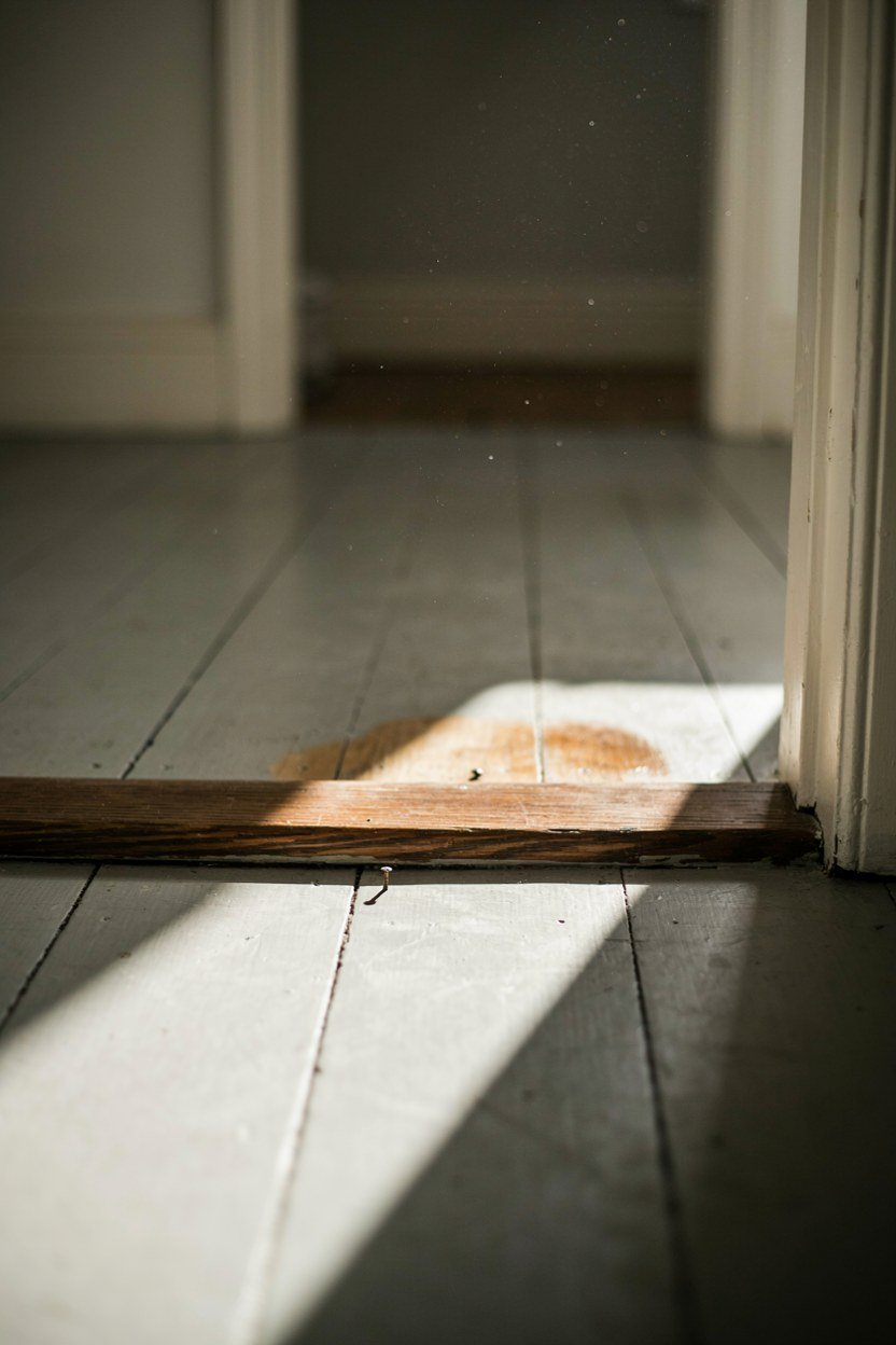 Pale painted floorboards meeting a hardwood threshold strip at a dressing room door