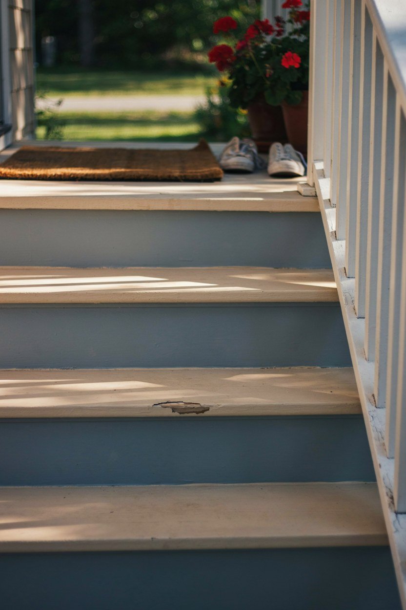 Porch steps with risers painted darker than the treads