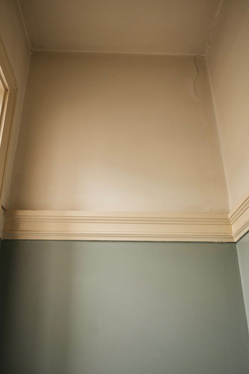Pale warm white ceiling running above sage hallway walls