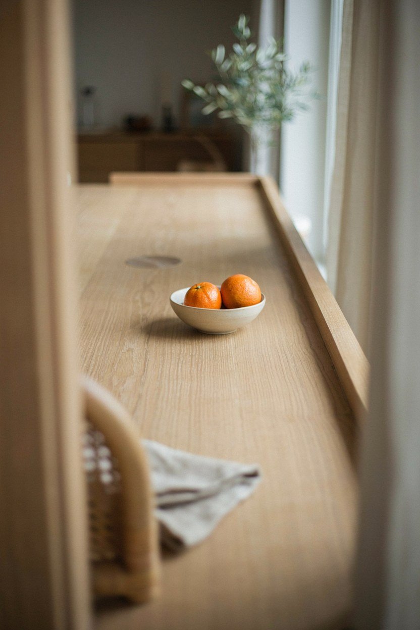 Pale oak dining table top with a thin edge profile