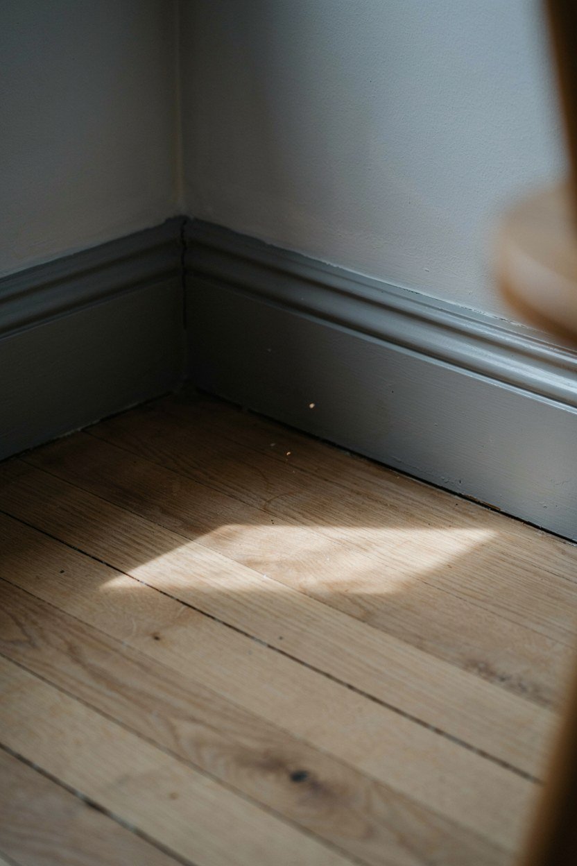 Pale oak floorboards against dark charcoal attic walls