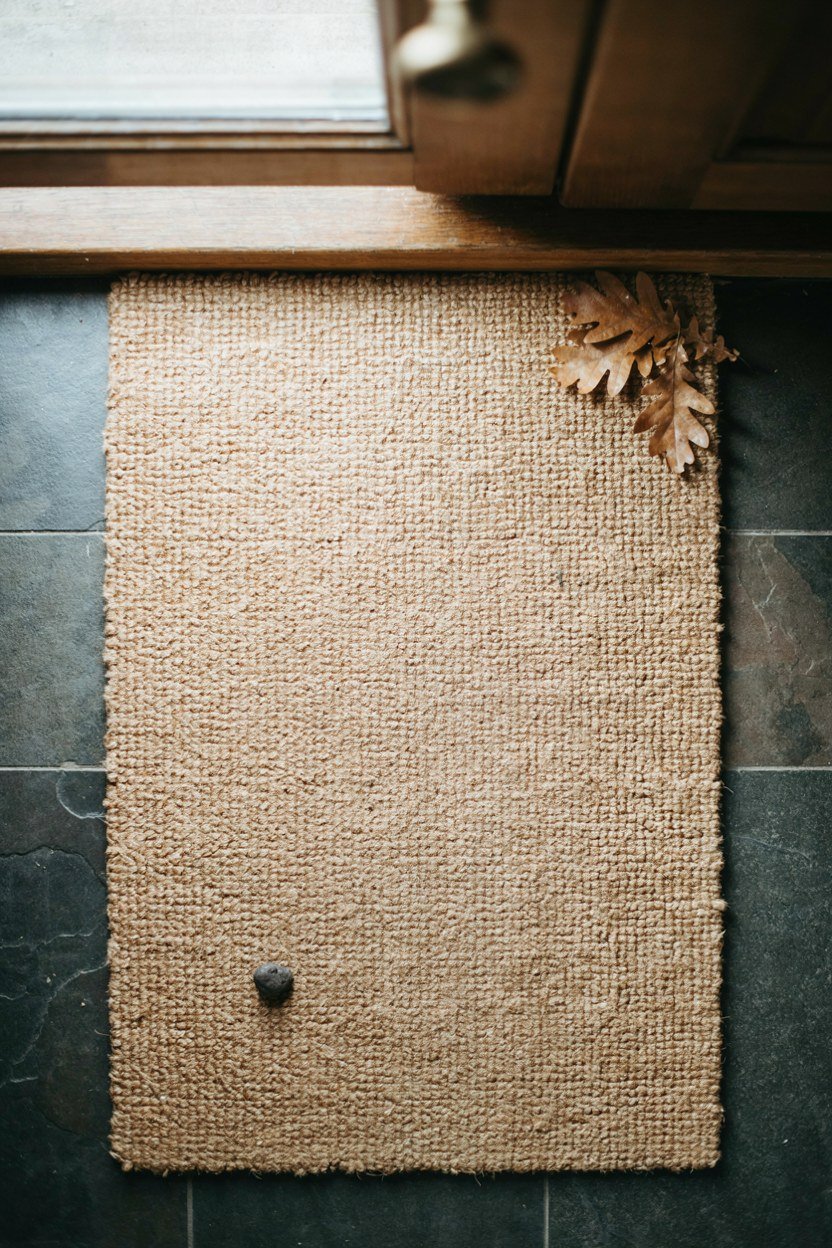 Pale coir doormat on a dark porch floor
