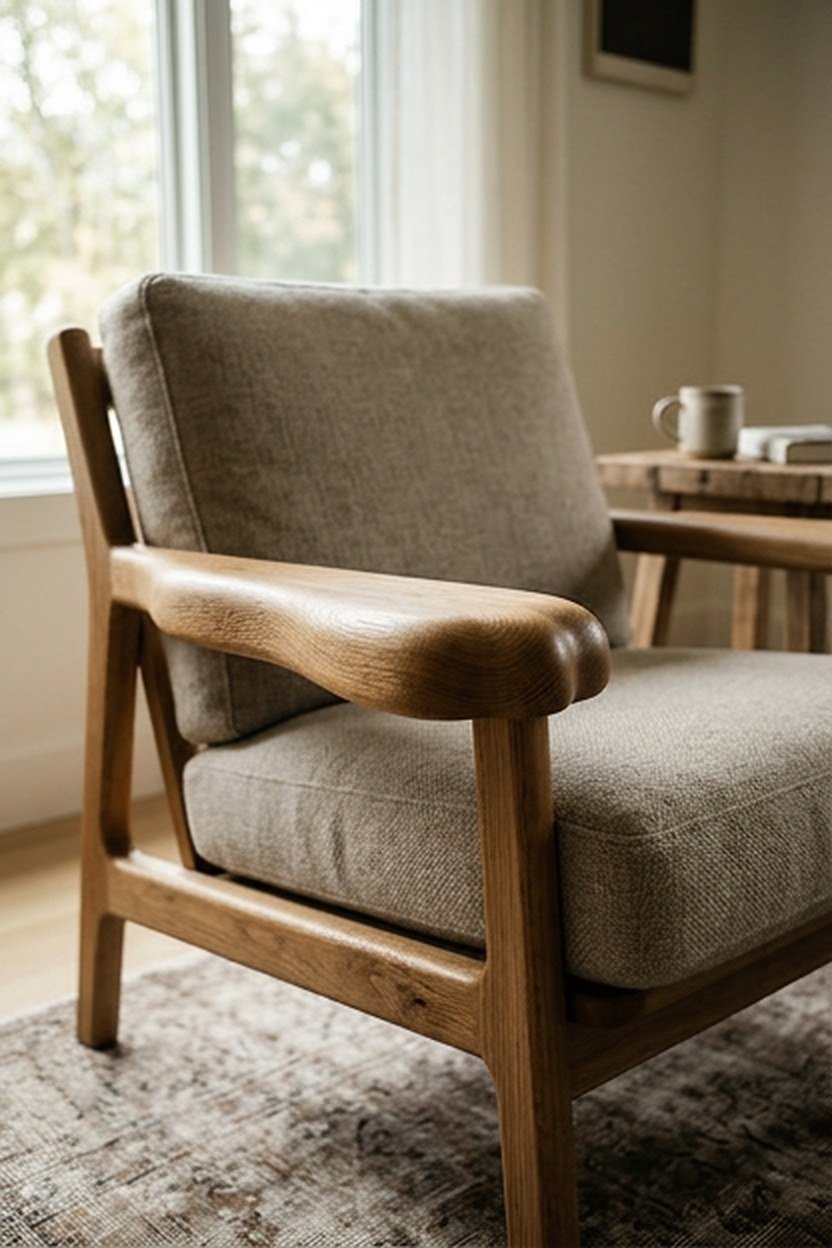 A wood framed lounge chair with rounded armrests and down cushions
