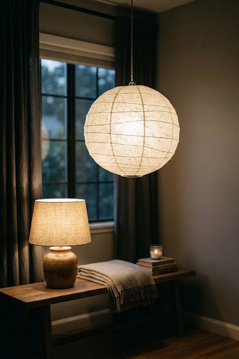 Paper lantern and linen shade lamps giving warm light in a minimalist living room