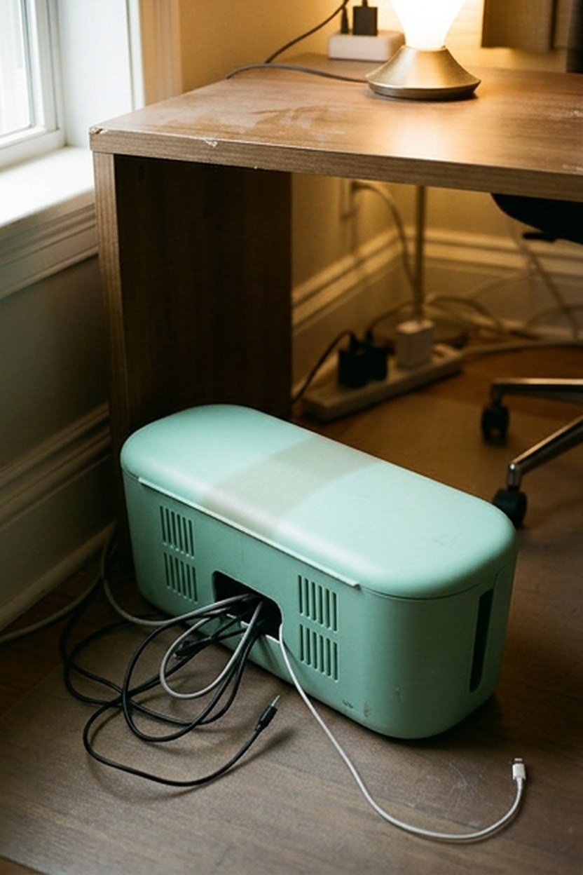 A mint pastel cable management box with a rounded character lid hiding a power strip behind a desk