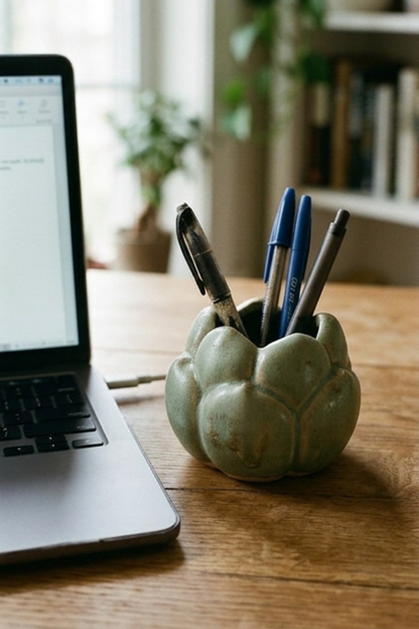 A small sage ceramic succulent shaped pot used as a pen holder on a desk