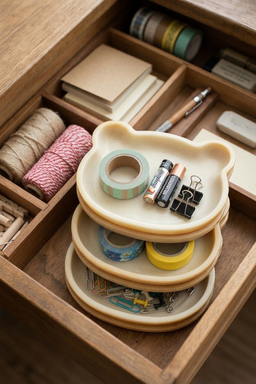 Stacked bear face drawer organizer trays holding office supplies inside an open pastel desk drawer