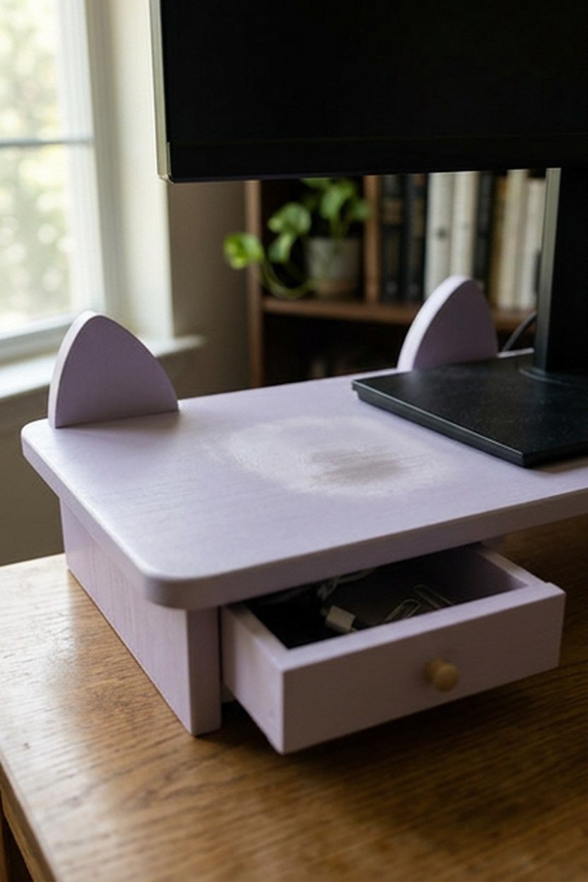 A pastel kitty ear monitor stand with a shallow storage drawer supporting a computer monitor