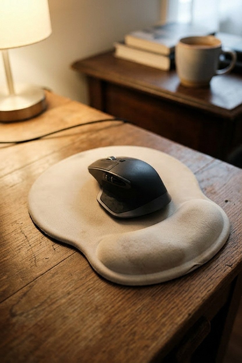 A pastel bear paw shaped mouse pad with a padded wrist rest beside a computer mouse
