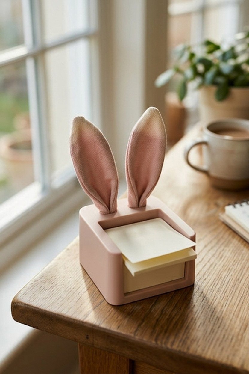 A blush rabbit ear sticky note dispenser sitting on a desk beside a keyboard