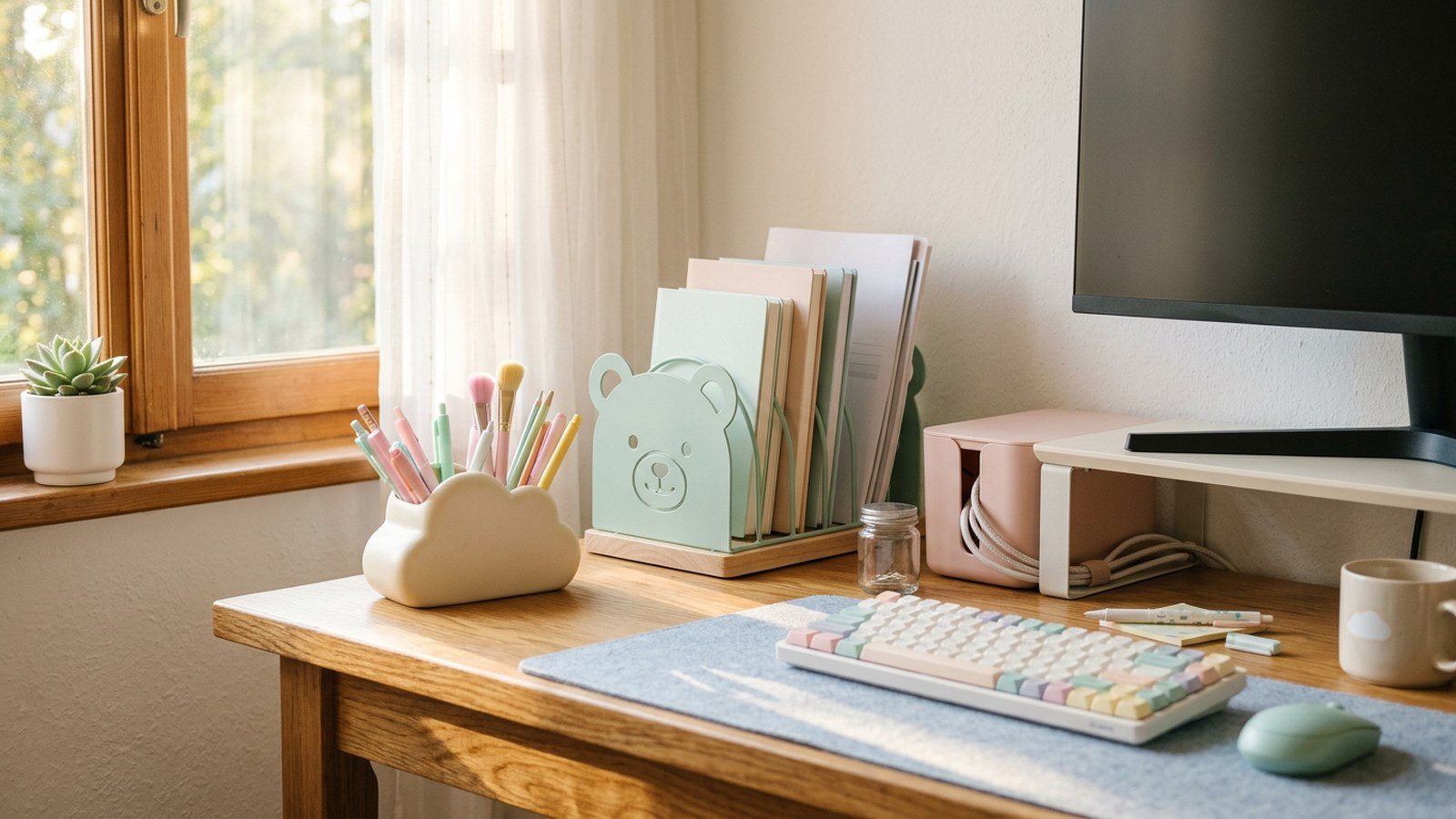 A pastel kawaii home office desk with a cloud pen holder, bear file sorter and mint cable box arranged neatly