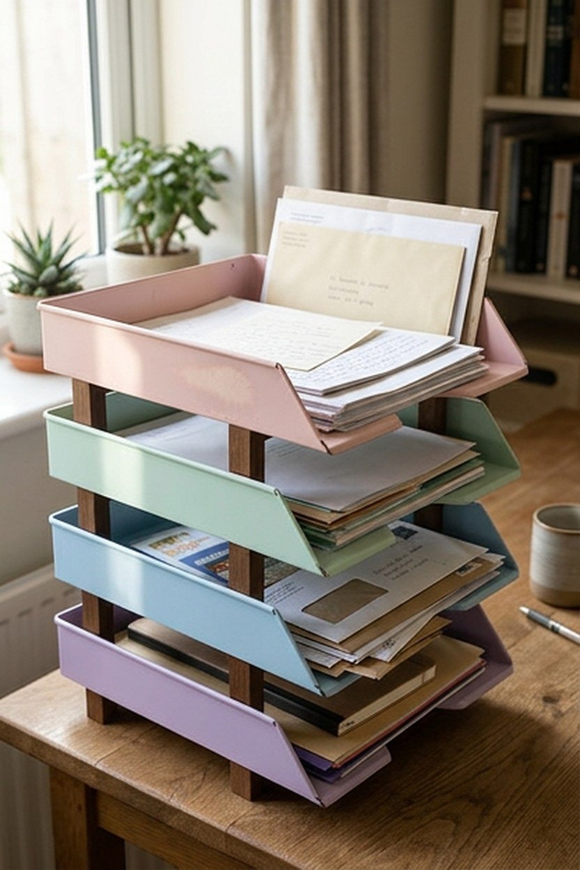 A stacked pastel letter tray system sorting incoming mail on a desk corner