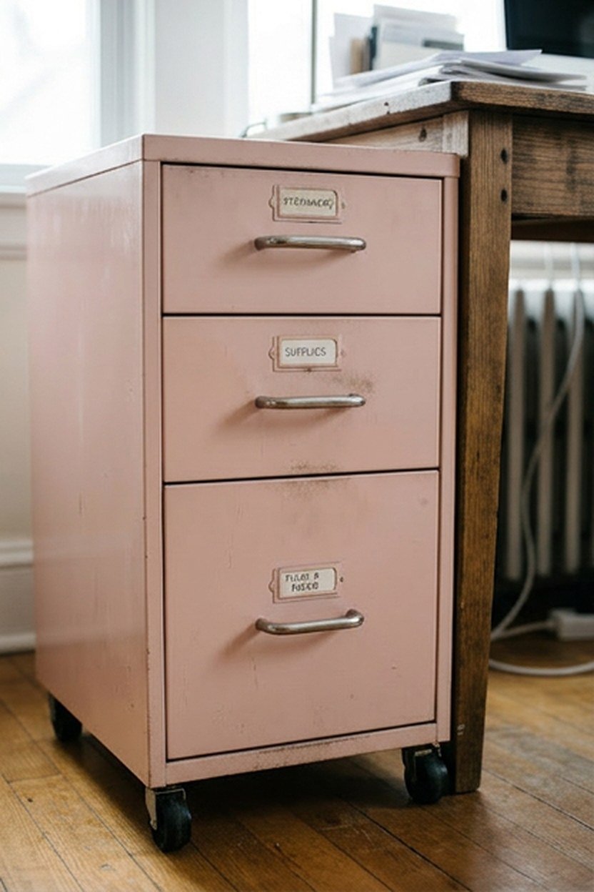 A pastel rolling storage cart with three drawers tucked beside a desk