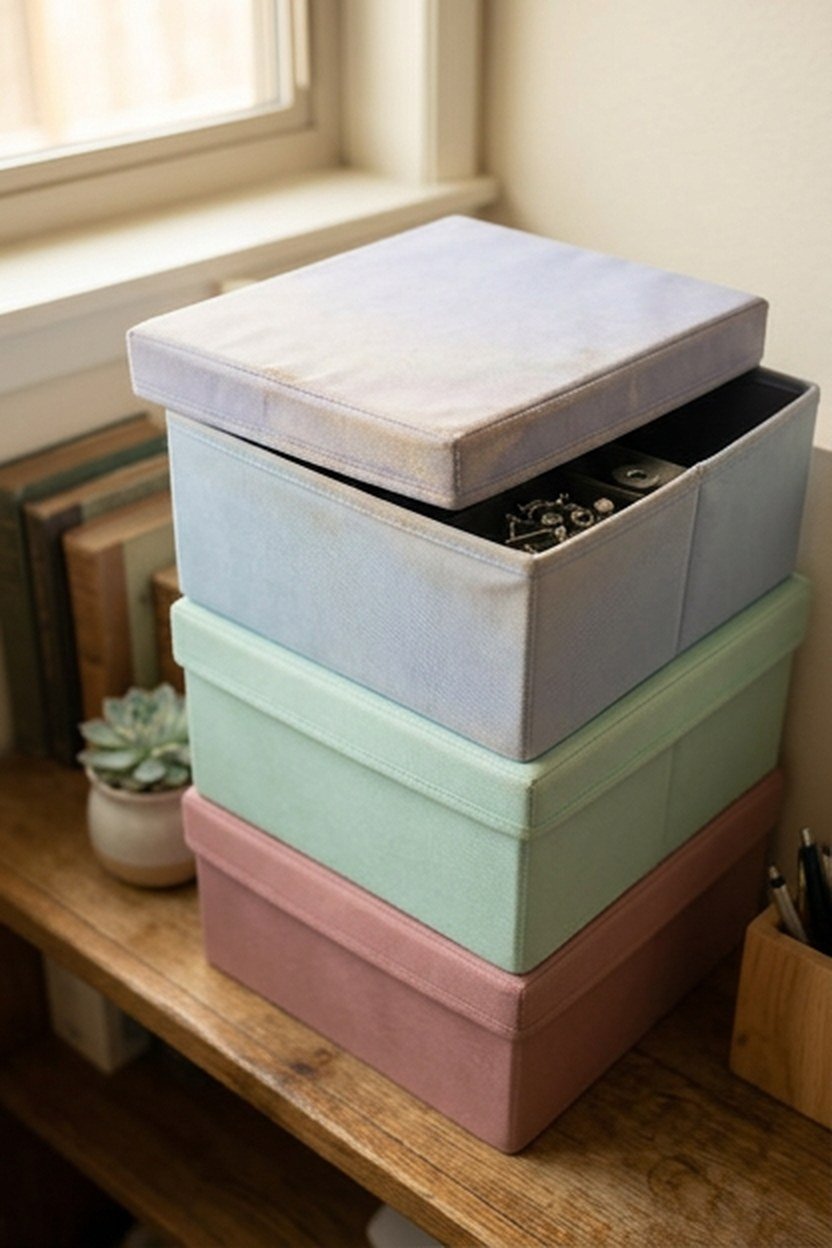 A short stack of pastel storage cubes with lids holding small desk hardware