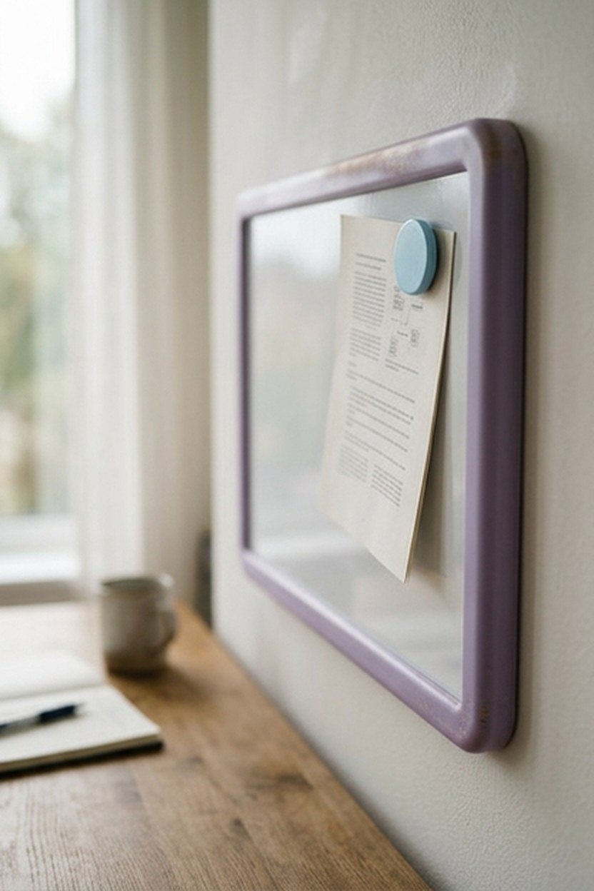 A small pastel framed whiteboard with rounded corners mounted above a desk with dry erase notes