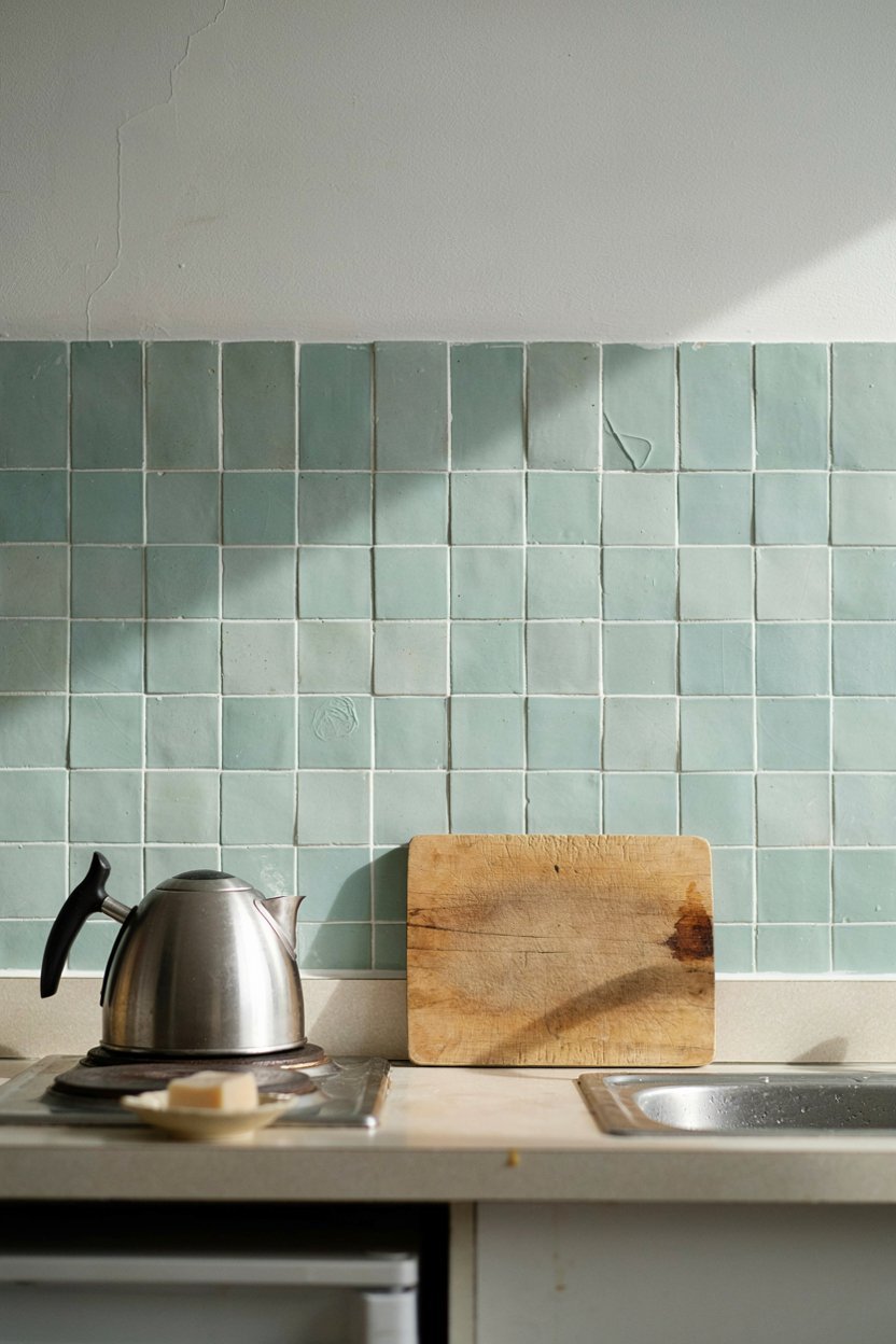 Peel and stick zellige look backsplash behind a small rental kitchen counter