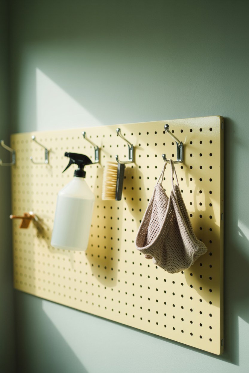 A pegboard holding laundry tools and a spray bottle in matched hooks