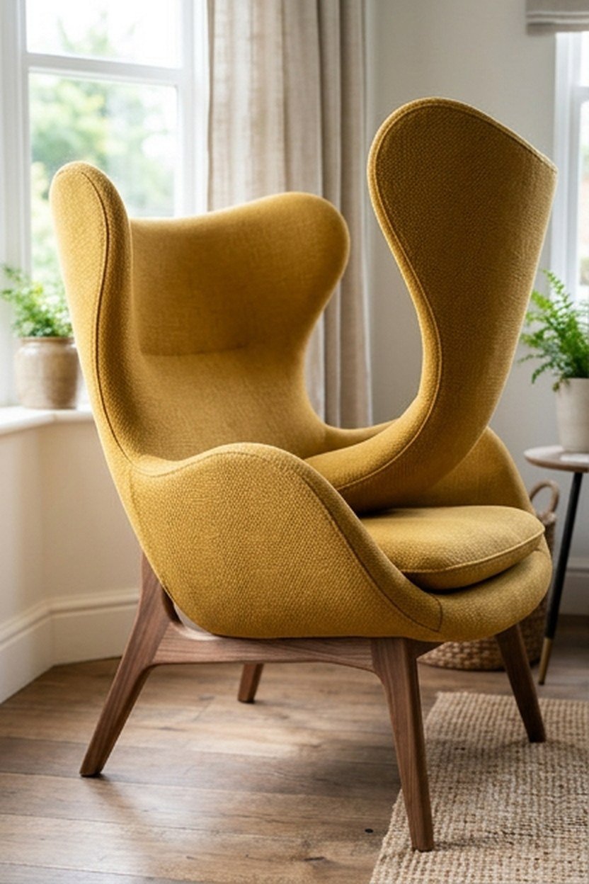 A sculptural wing shaped chair with wood legs