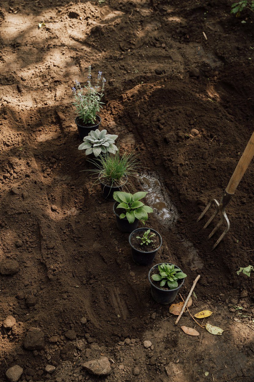 Five young plants set out in a diagonal drift on freshly dug soil before planting