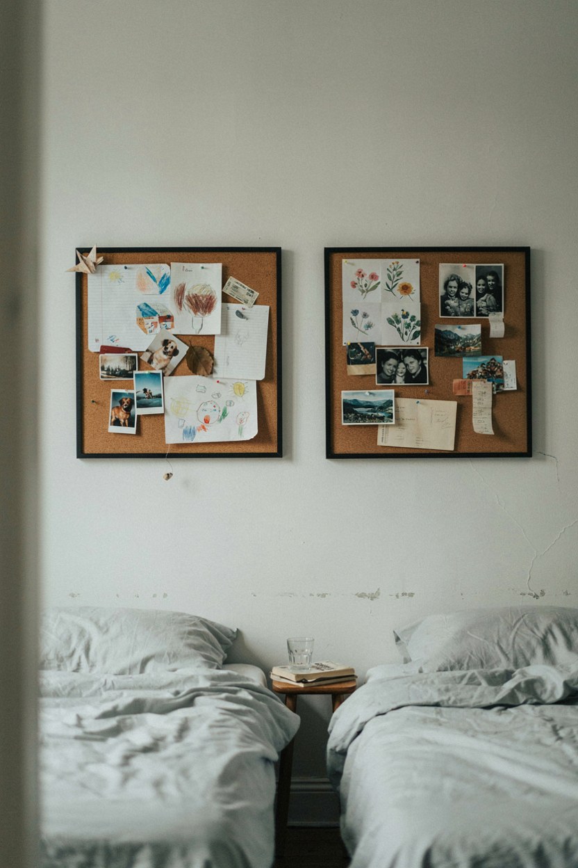 Two matching pinboards above two beds filled differently
