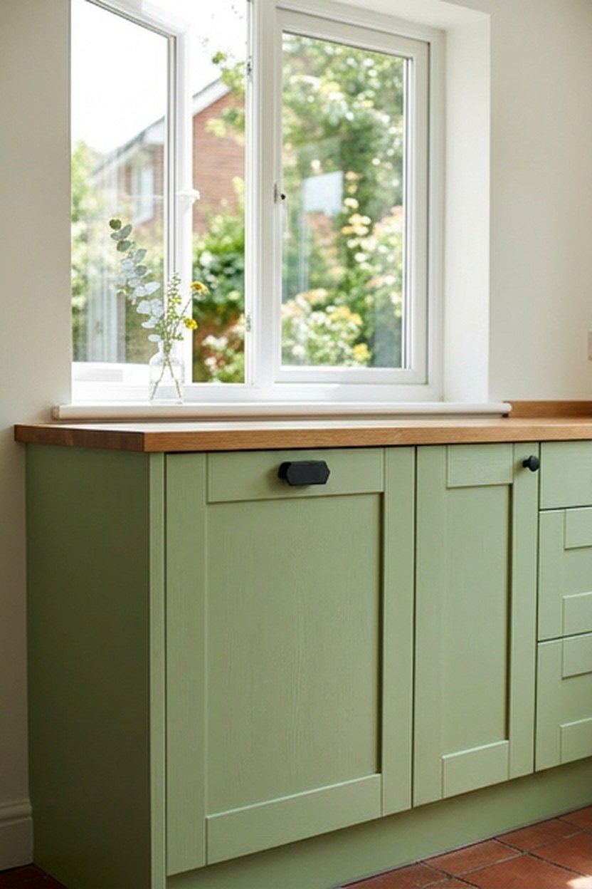 A pistachio green cabinet corner with matte black hardware