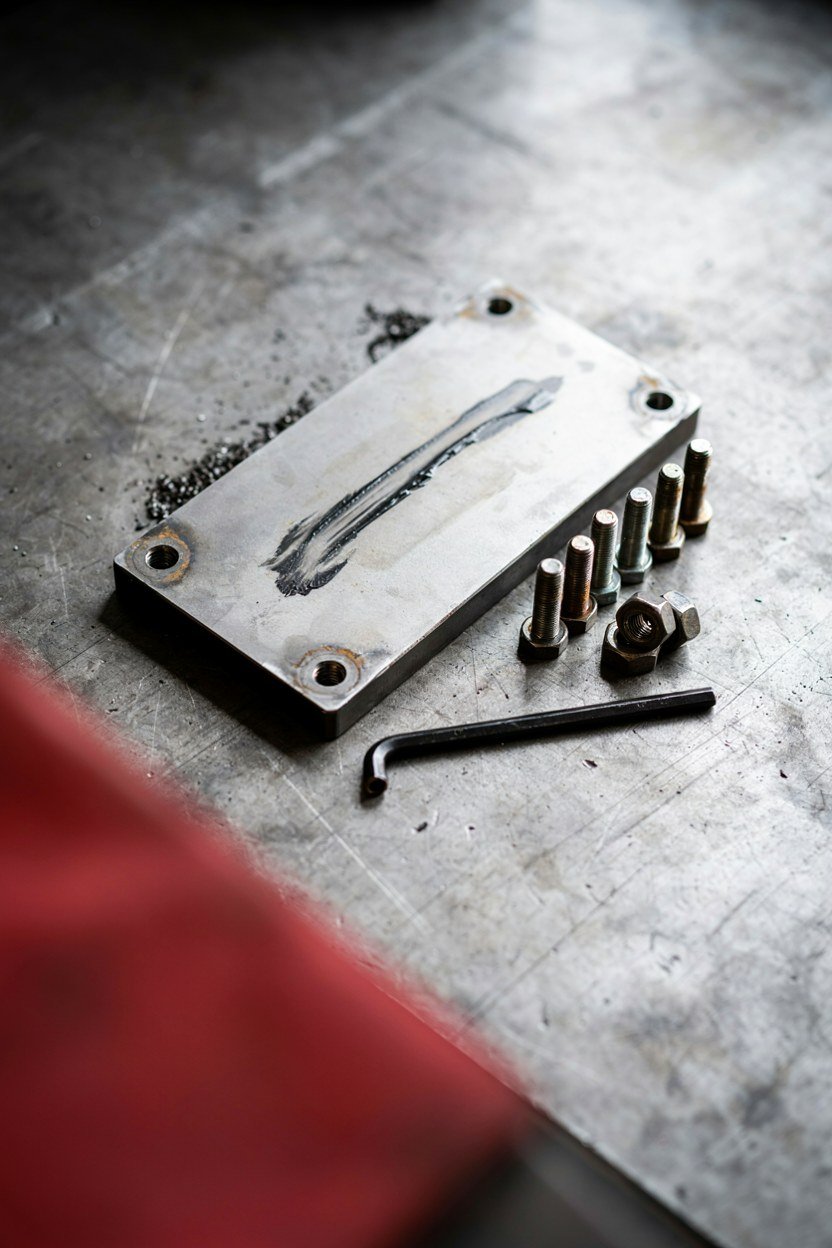 A heavy steel bottom pivot plate laid out with fixings before installation