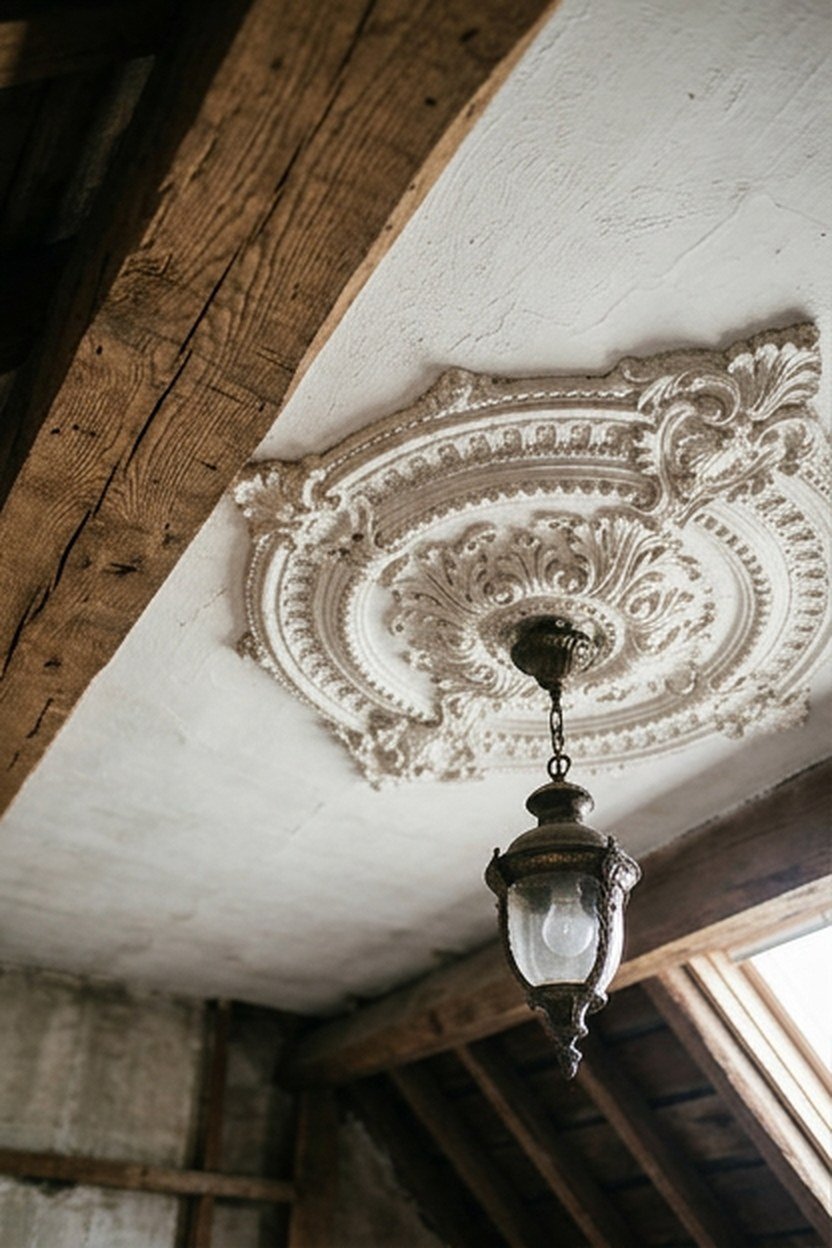 An original plaster ceiling medallion preserved in a Victorian attic