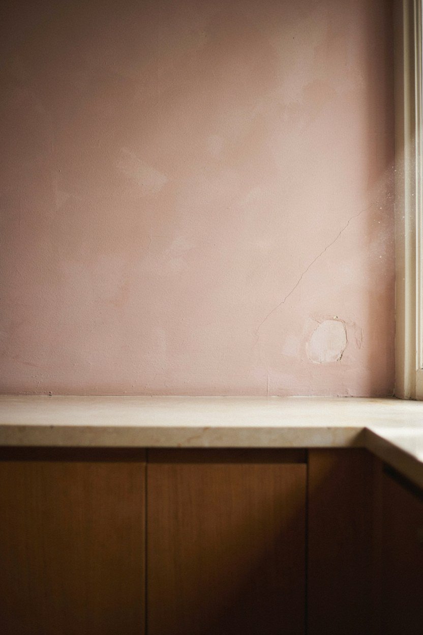 Plaster pink kitchen walls above deep brown lower cabinetry