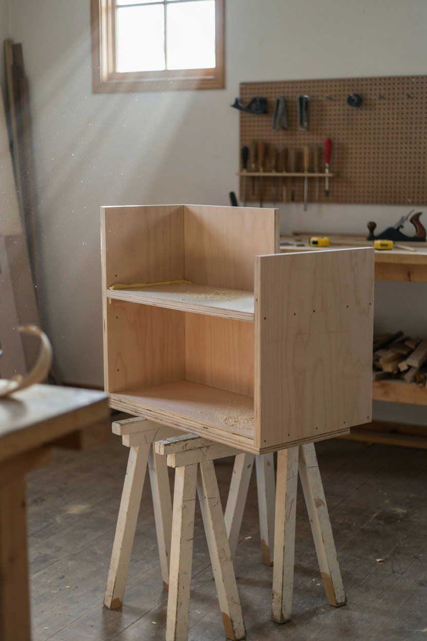 A birch plywood bookcase carcass standing unfinished in a workshop