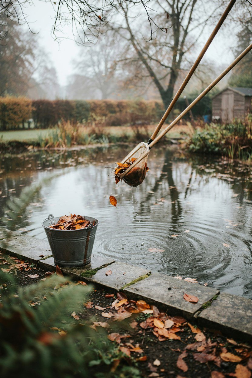 Skimming net lifting leaves from the surface of a garden pond