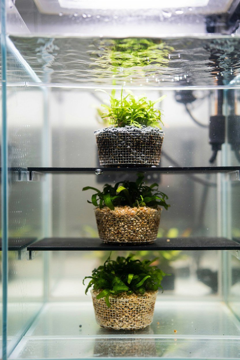 Planting baskets sitting on shelves at two depths in a pond
