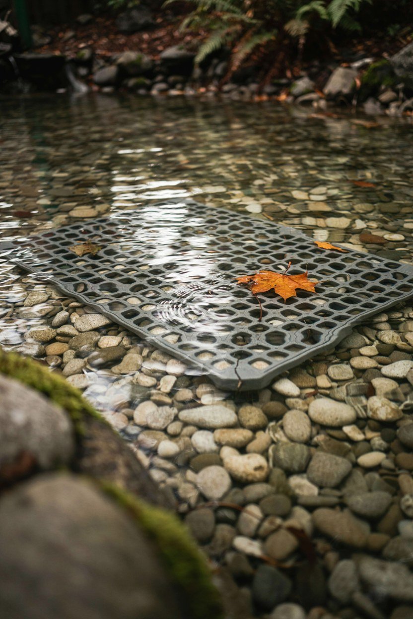 Rigid safety mesh grille fitted just below a pond water surface
