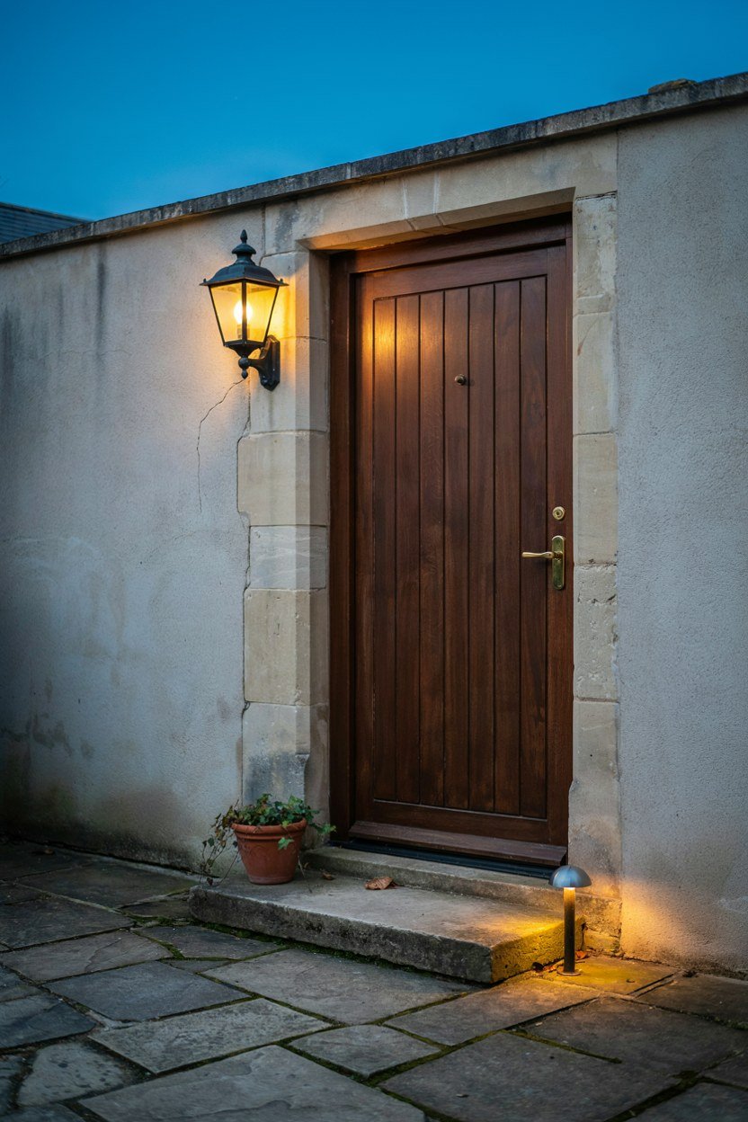 Warm wall lantern and a low path light on a porch at dusk