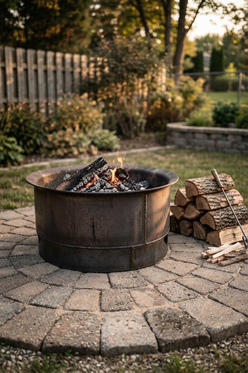 A portable steel fire pit on a paver pad in a backyard
