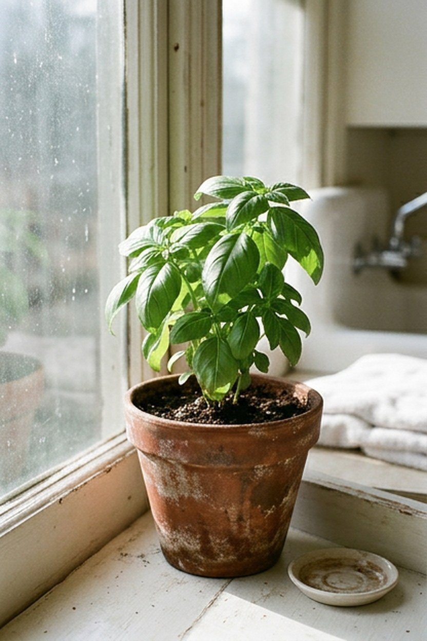 A potted herb plant on a laundry room windowsill