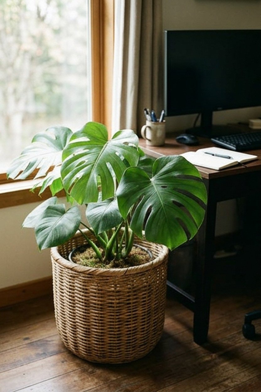 A potted plant in a woven basket planter in a home office
