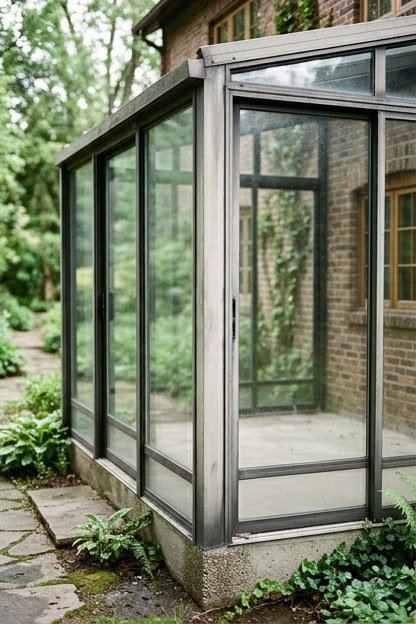A prefab sunroom addition kit with customizable aluminum panels and glass