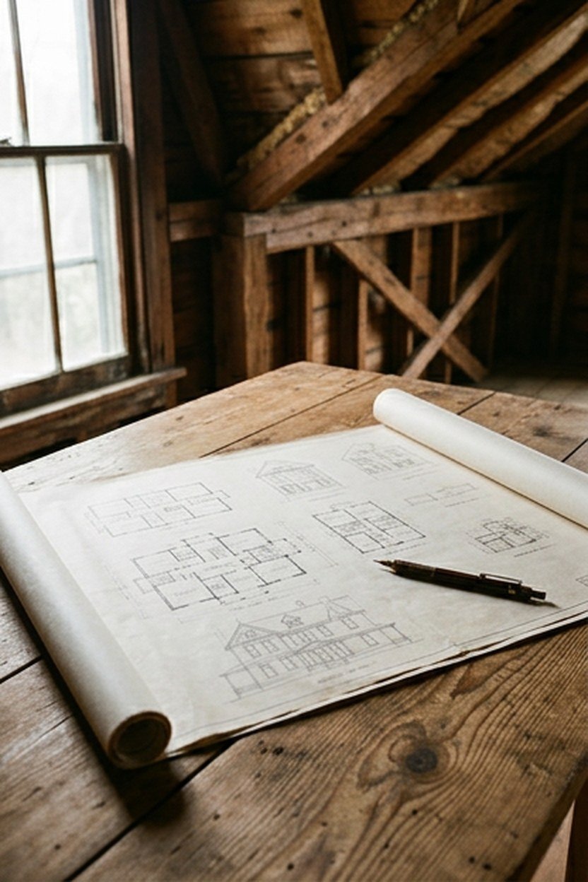 A preservation architect's blueprint reviewed in a Victorian attic