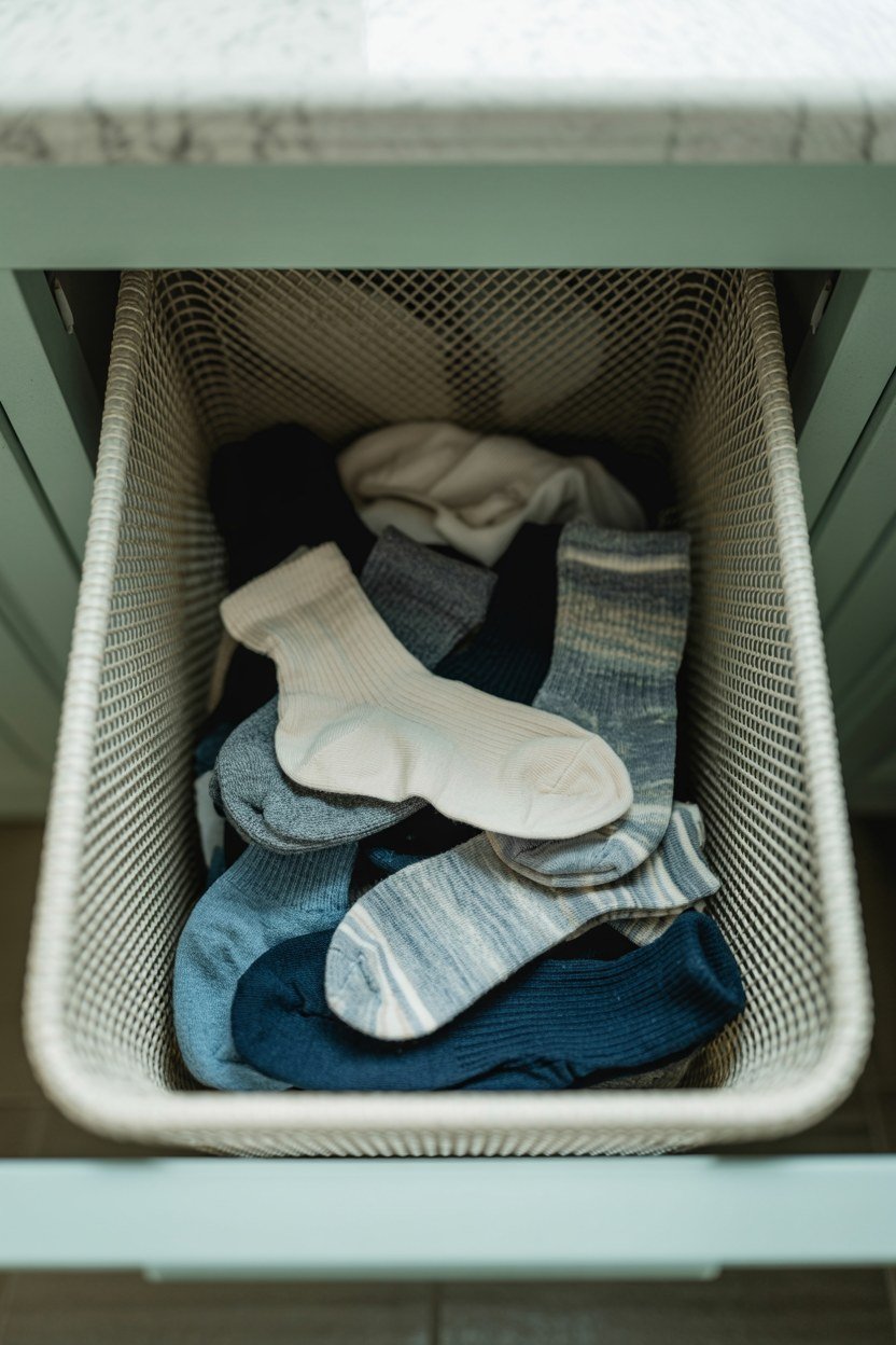 A shallow pull out bin holding socks and small laundry items